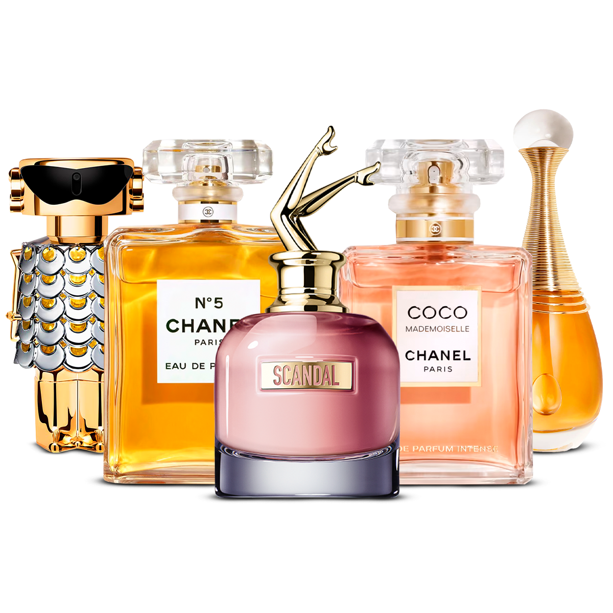 Set di 5 profumi – Fame, Chanel Nº5, Scandal, Coco Mademoiselle e J'adore