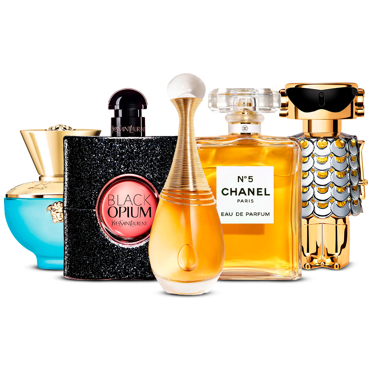 Set di 5 profumi – Versace Dylan Turquoise, Black Opium, J'adore, Chanel Nº5 e Fame